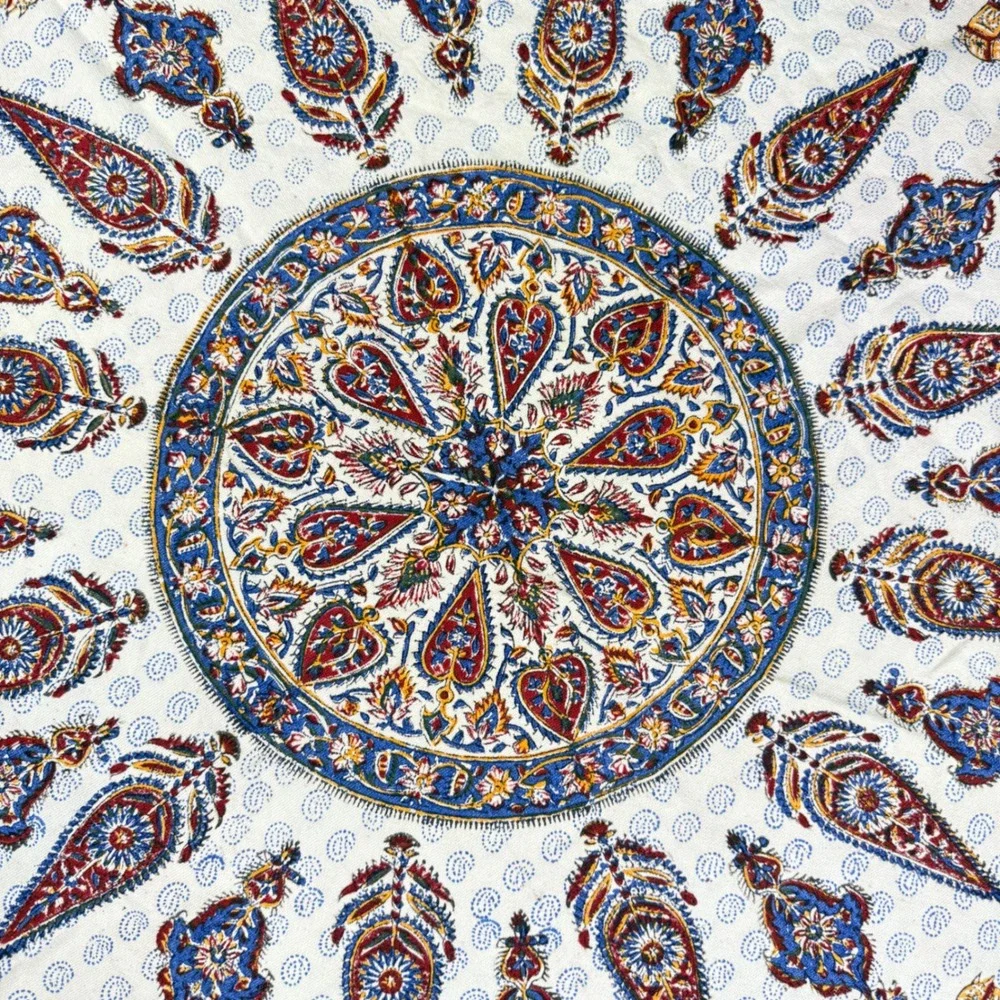 Vintage‎ Kalamkari Tablecloth Ghalamkar Block Print Round Mandala